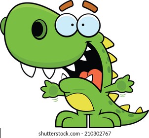Cartoon illustration of a happy green dinosaur. 