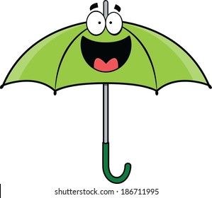 Cartoon illustration of a happy green umbrella with an open mouth smile. 