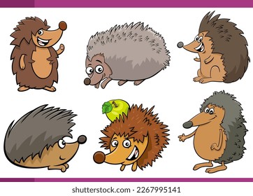 Cartoon illustration of happy hedgehogs comic animal characters set