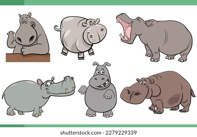 Cartoon illustration of happy hippopotamus comic animal characters set