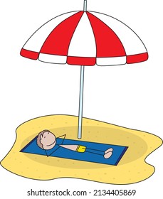 Cartoon illustration of happy kid laying under the parsol on the beach