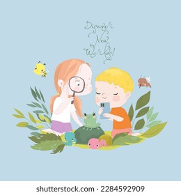 Cartoon Illustration of Happy Kids exploring Nature
