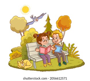 cartoon illustration of happy kids reading a book in the park.