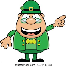 Cartoon illustration of a happy leprechaun smiling and pointing. 