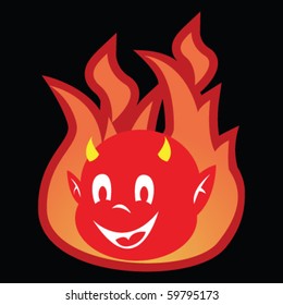 cartoon illustration of happy little devil with fire in the background