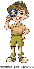 Cartoon illustration of happy little explorer with magnifier. 