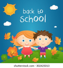 Cartoon illustration of happy little girl and boy in autumn landscape with quote "back to school". Vector