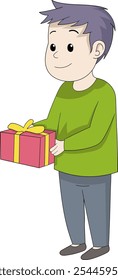 A cartoon illustration of a happy man holding a wrapped gift box with a ribbon, symbolizing a surprise or special occasion.