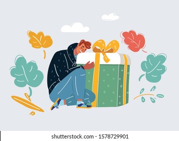 Cartoon illustration of Happy Men hugging big gift box. Received a gift. Human character on white.