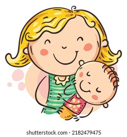 Cartoon illustration happy mom hugs son