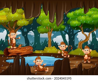 Cartoon illustration of happy monkeys playing under the rain
