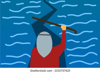 Cartoon Illustration Of Happy Moses Parting The Red Sea In The Biblical Story