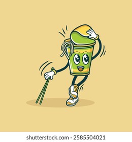 A cartoon illustration of a happy noodle cup character with chopsticks, conveying a sense of playful energy.