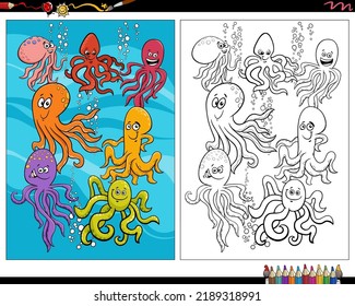Cartoon illustration of happy octopus animal characters coloring page