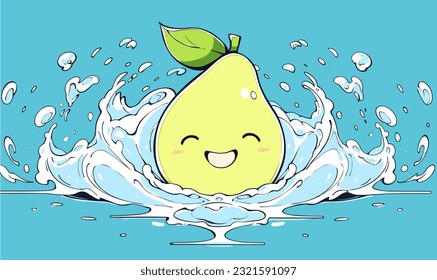 Cartoon illustration of a happy pear smiling amid droplets of water