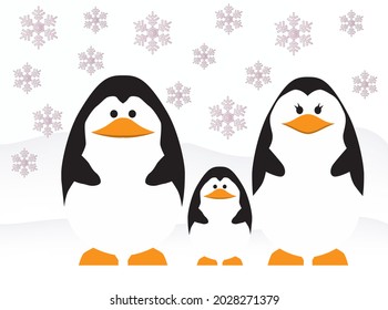 Cartoon illustration of a happy penguin family far away in a freezing cold world, a life on the continent of Antarctica