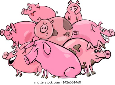 Cartoon Illustration of Happy Pigs Farm Animal Characters Group