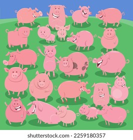 Cartoon illustration of happy pigs farm animal characters group