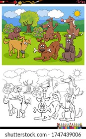 Cartoon Illustration of Happy Playful Dogs Pets Animal Characters Group Coloring Book Page
