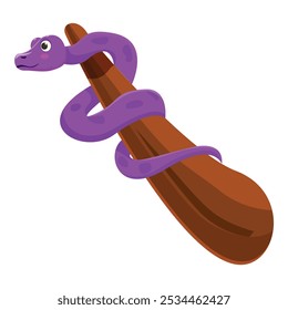 Cartoon illustration of a happy purple snake with pink spots slithering on a tree branch