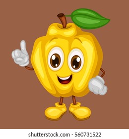 Cartoon Illustration of a Happy Quince Pointing Up With Finger