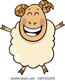 Cartoon Illustration of Happy Ram Farm Comic Animal Character