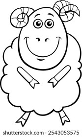 Cartoon illustration of happy ram farm animal character coloring page