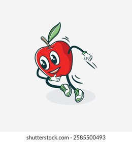 A cartoon illustration of a happy red apple character with arms and legs running energetically.