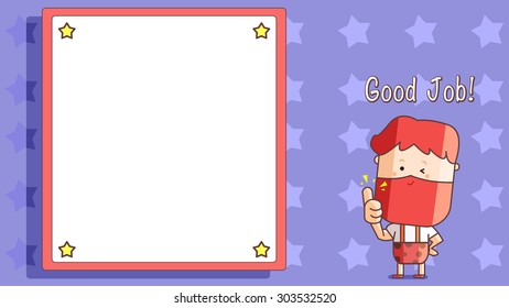 Cartoon illustration of a happy red hair adult man character with beard giving a thumbs up hand gesture, good job signal sign, symbol. White blank board, frame, purple background with stars decoration