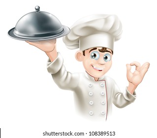 Cartoon illustration of a happy restaurant chef holding a metal food platter