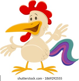 Cartoon illustration of happy rooster farm animal comic character