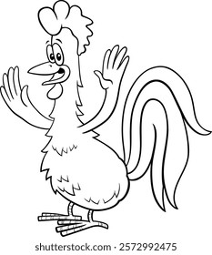 Cartoon illustration of happy rooster farm animal character coloring page