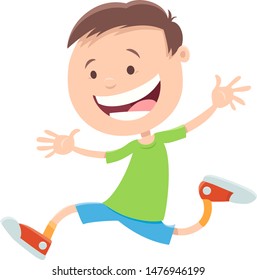 Cartoon Illustration of Happy Running Elementary Age Boy Character