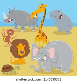 Cartoon illustration of happy Safari animals comic characters