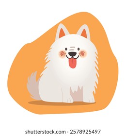 Cartoon illustration of a happy Samoyed dog sitting with its tongue out on an orange background. The dog has fluffy white fur and a playful expression. 