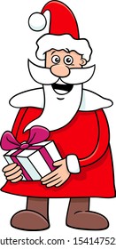 Cartoon Illustration of Happy Santa Claus Character on Christmas Holiday Time with Present