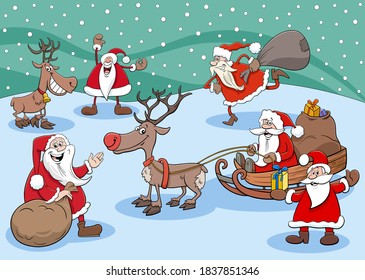 Cartoon Illustration of Happy Santa Claus  Characters Group on Christmas Time