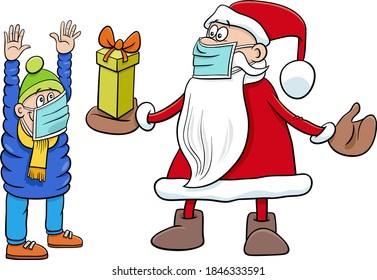 Cartoon-Illustration des glücklichen Charakters des Weihnachtsmannes, der einem kleinen Jungen zu Weihnachten ein Geschenk gibt