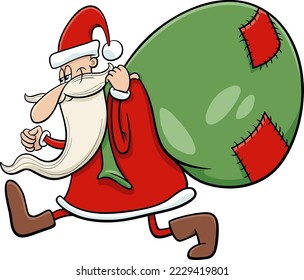 Cartoon illustration of happy Santa Claus character with sack of Christmas presents