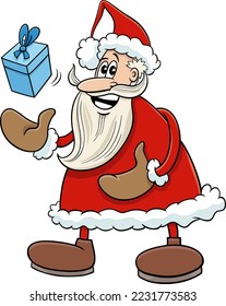 Cartoon illustration of happy Santa Claus character with Christmas gift