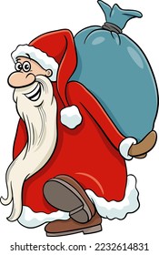 Cartoon illustration of happy Santa Claus character carrying sack of Christmas gifts