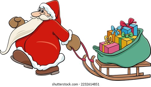 Cartoon illustration of happy Santa Claus character pulling a sleigh with Christmas gifts