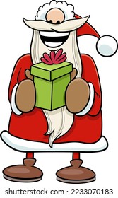 Cartoon illustration of happy Santa Claus character holding Christmas gift