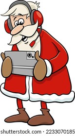 Cartoon illustration of happy Santa Claus character with tablet and headset on Christmas time