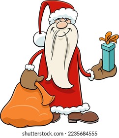 Cartoon illustration of happy Santa Claus character with sack and Christmas gift