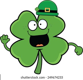 Cartoon illustration of a happy shamrock in a bowler hat. 