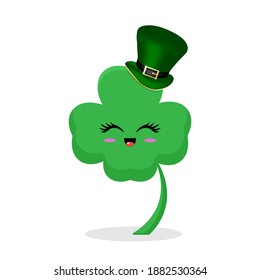 Cartoon illustration of a happy shamrock in a hat. Traditional holiday symbol of St. Patrick