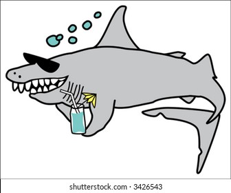 Cartoon illustration of a happy shark wearing sunglasses and holding a blue drink.