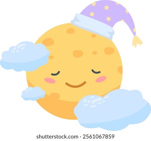 Cartoon illustration of a happy, sleeping moon wearing a purple sleeping hat with yellow stars and surrounded by light blue clouds, ideal for children s products or bedtime stories