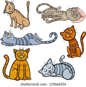 Cartoon Illustration of Happy and Sleepy Cats or Kittens Set